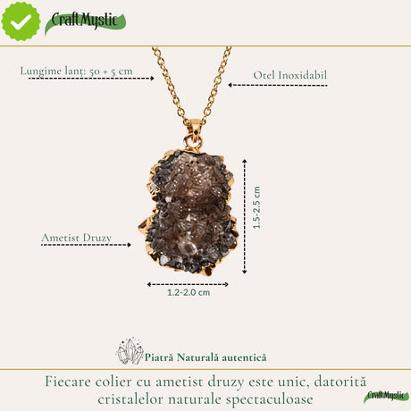 Colier cu Ametist Druzy, Inox (oțel inoxidabil) – CraftMystic