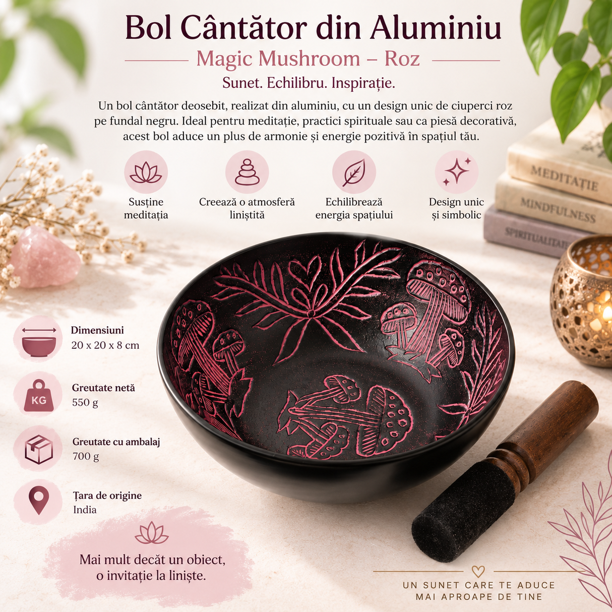 Bol cântător din aluminiu Magic Mushroom roz 20 cm