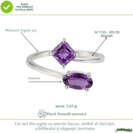 Inel Argint 925 ajustabil cu Piatra Naturala de Ametist Fatetat – Claritate si Echilibru Interior