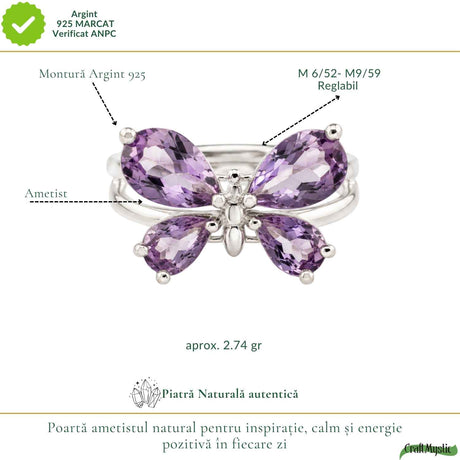 Inel Argint 925 ajustabil cu Piatra Naturala de Ametist Fatetat Fluture – Claritate si Transformare