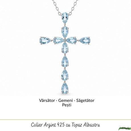 Colier Argint 925 cu Topaz Albastru Natural Fatetat in Forma de Cruce – Claritate si Incredere