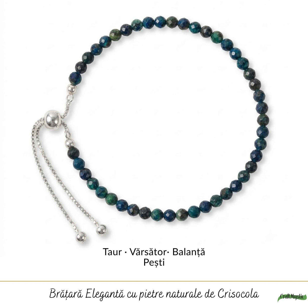 Bratara Argint 925 cu Crisocola Fatetata Naturala 3 mm - Calm si Echilibru Emotional