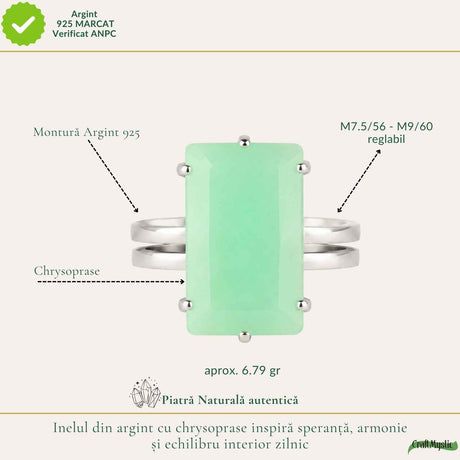 Inel Argint 925 ajustabil cu Piatra Naturala de Crisopraz Dreptunghi – Armonie si Optimism