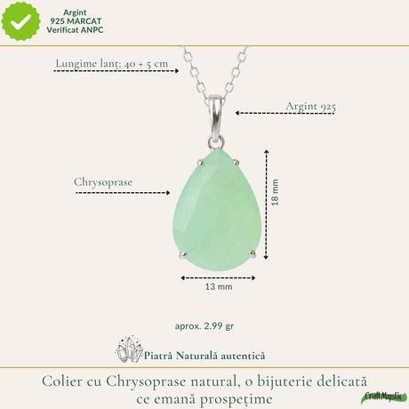 Colier Argint 925 cu Crisopraz Natural Lacrima – Optimism, Echilibru si Eleganta