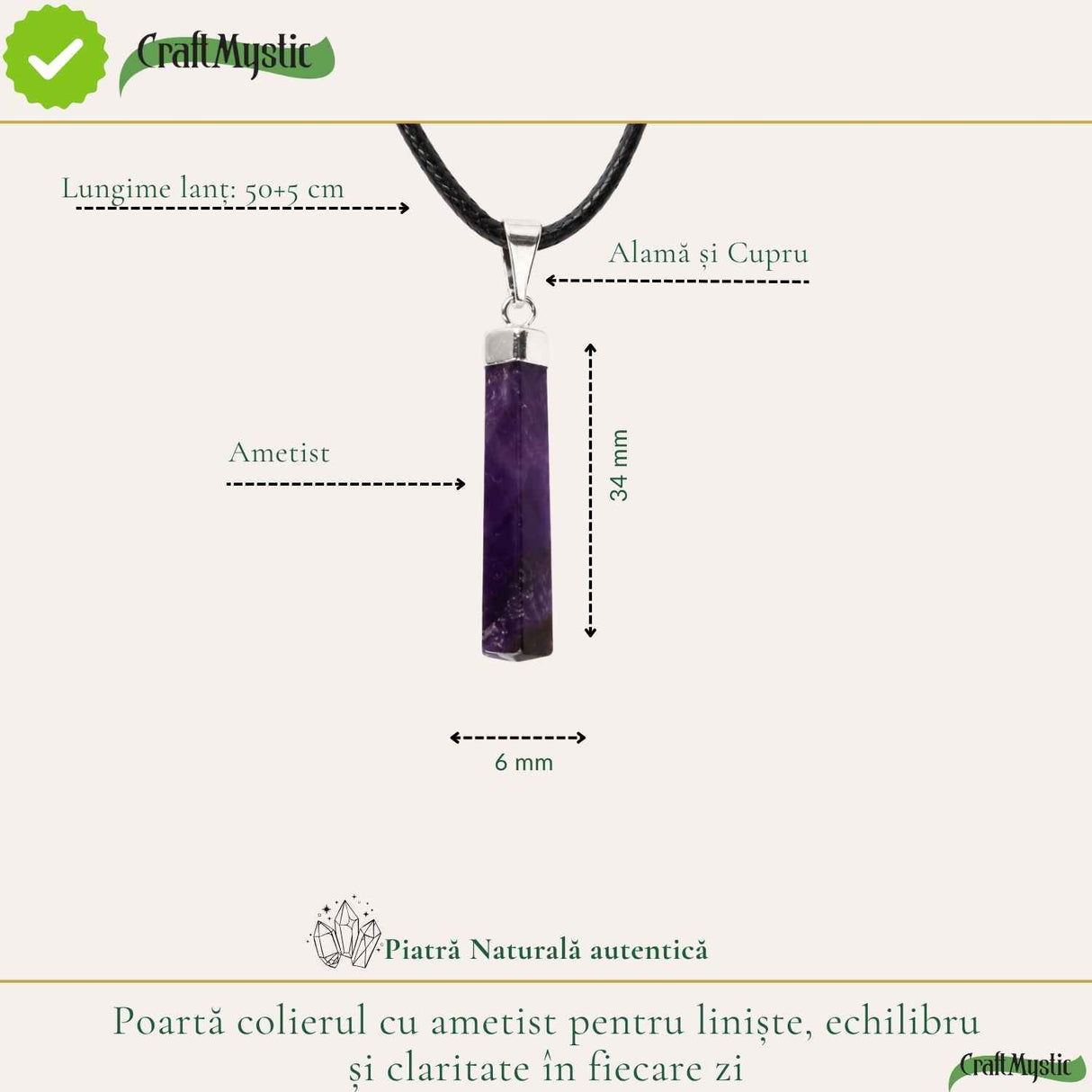 Colier cu Ametist, Prisma Hexagonala – Claritate si Echilibru Interior