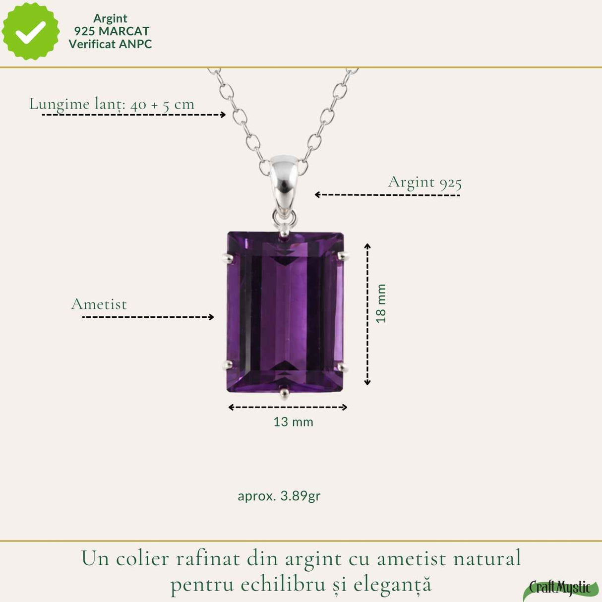 Colier Argint 925 cu Ametist Natural Dreptunghi fatetat – Eleganta si Claritate Interioara