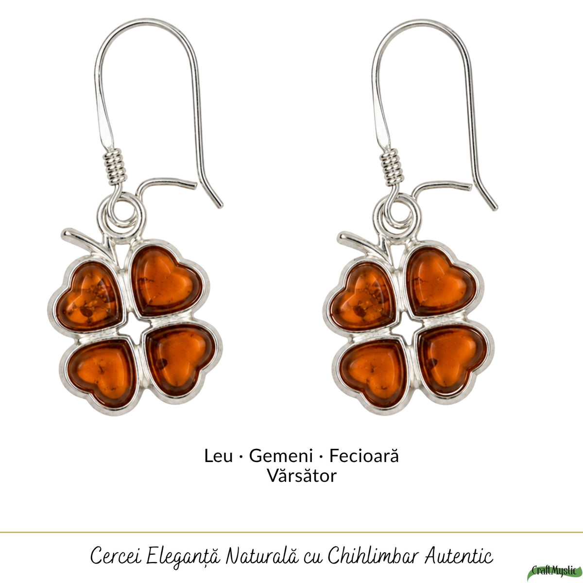 Cercei Argint 925 Trifoi cu Chihlimbar - Noroc, Energie Pozitivă și Eleganță