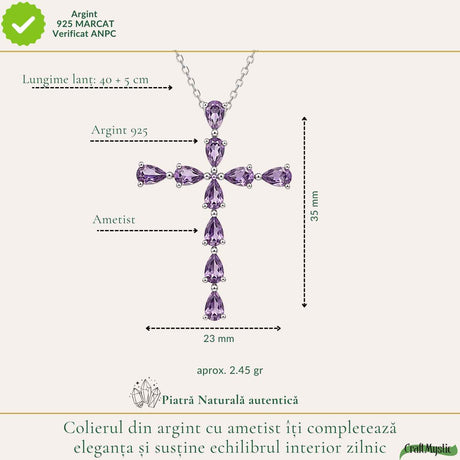 Colier Argint 925 cu Ametist Natural Fatetat in Forma de Cruce – Calm si Echilibru Interior