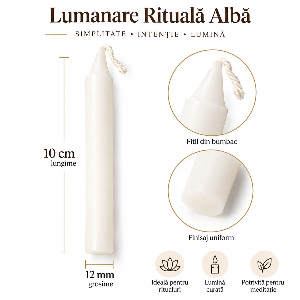 Lumânare Albă pentru Ritualuri și Intenții 10 cm - 1 Bucată