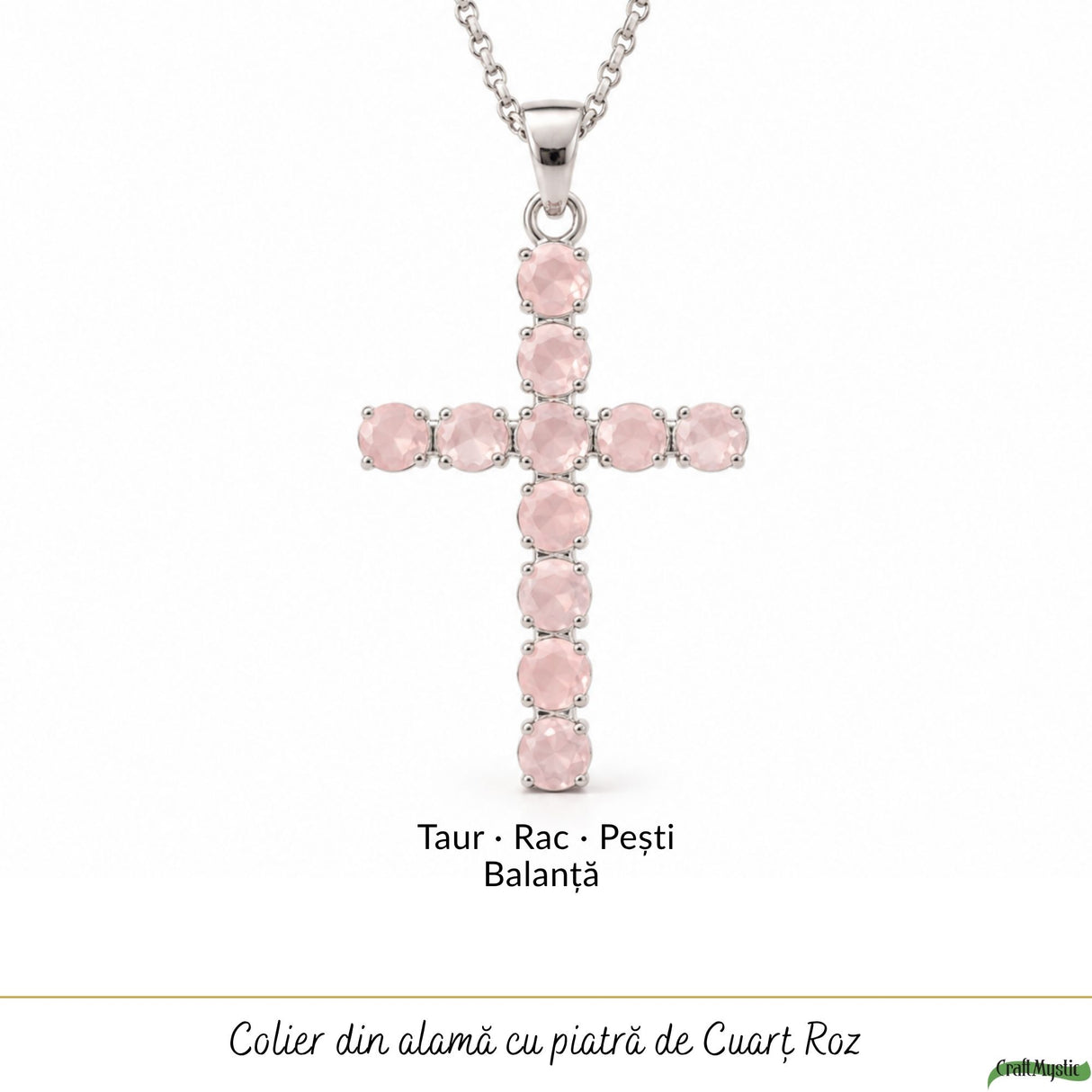Colier cu Cuarț Roz natural fațetat, pandantiv cruce