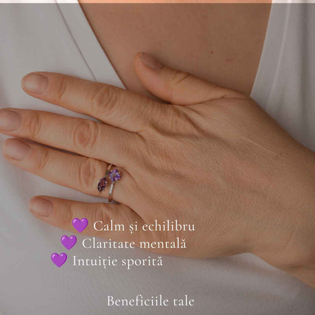 Inel Argint 925 ajustabil cu Piatra Naturala de Ametist Fatetat – Claritate si Echilibru Interior