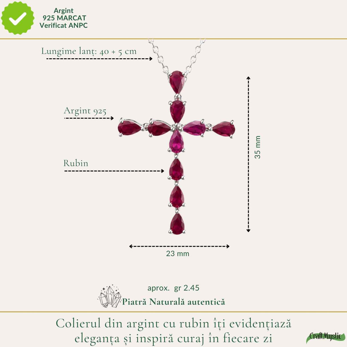 Colier Argint 925 cu Rubin Natural Fatetat in Forma de Cruce – Curaj si Energie Interioara