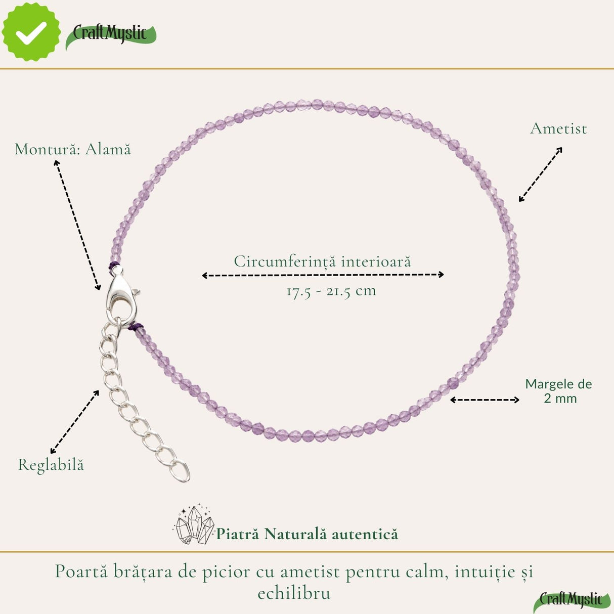 Ametist fațetat, pietre rotunde de 2 mm, pe brățară de picior