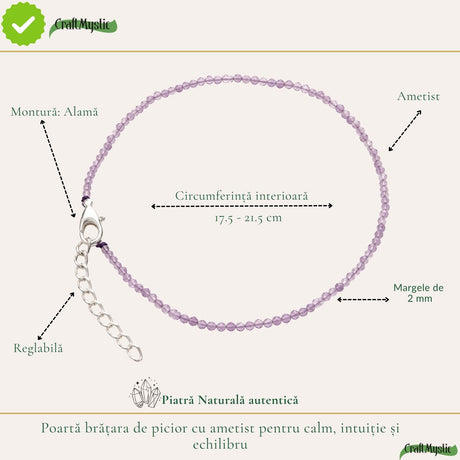Ametist fațetat, pietre rotunde de 2 mm, pe brățară de picior