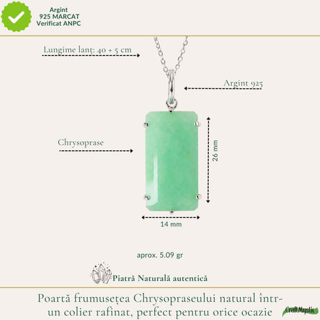 Colier Argint 925 cu Crisopraz Natural Dreptunghi – Echilibru, Optimism si Eleganta