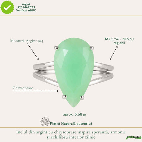 Inel Argint 925 ajustabil cu Piatra Naturala de Crisopraz Lacrima – Armonie si Speranta