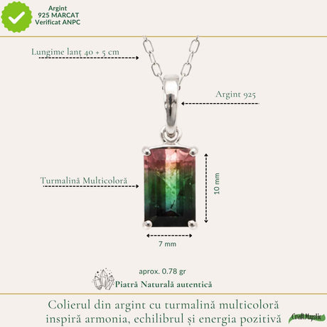 Colier Argint 925 cu Piatra Naturala de Turmalina Multicolora Fatetata Dreptunghi – Armonie si Energie Pozitiva