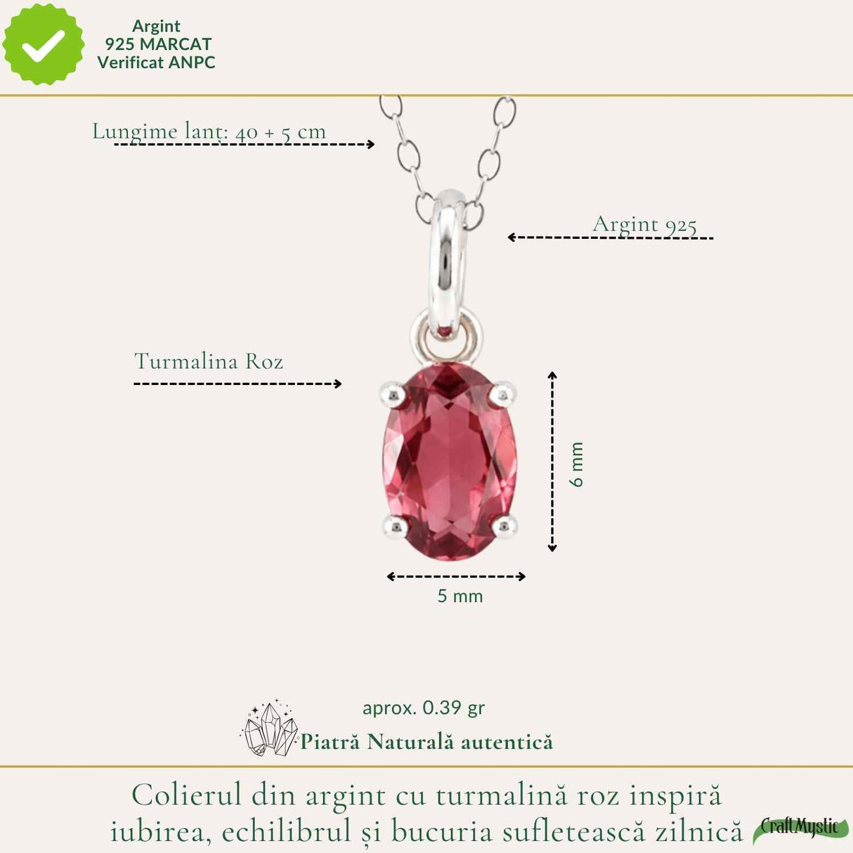 Colier Argint 925 cu Piatra Naturala de Turmalina Roz Fatetata Oval – Iubire si Echilibru