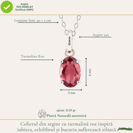 Colier Argint 925 cu Piatra Naturala de Turmalina Roz Fatetata Oval – Iubire si Echilibru