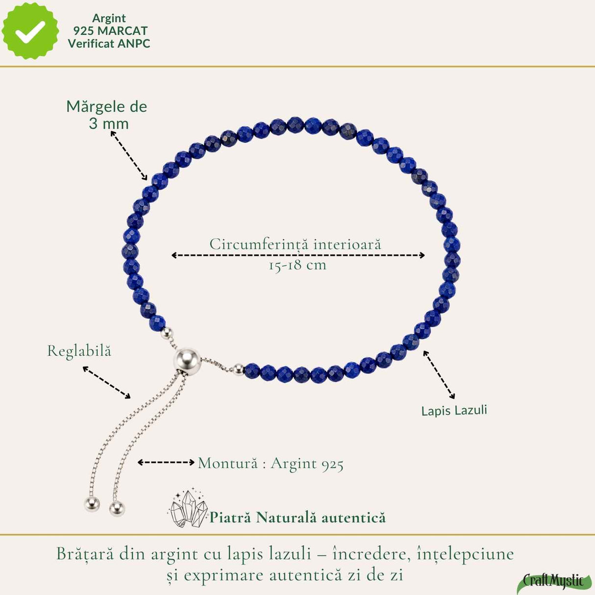 Bratara Argint 925 cu Lapis Lazuli Fatetat Natural 3 mm – Intelepciune si Claritate