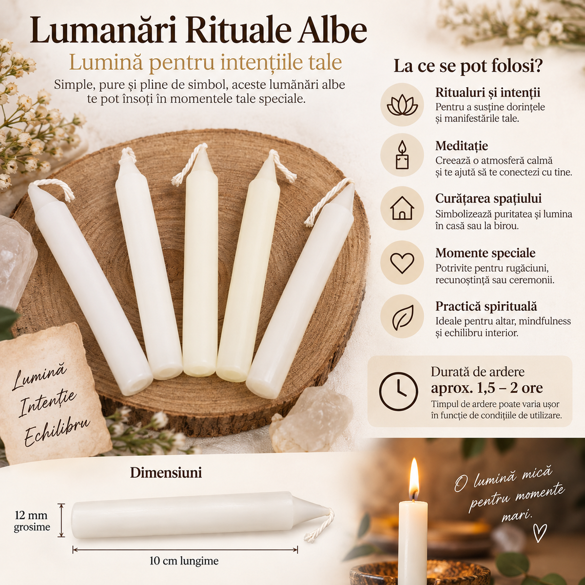 Lumânare Albă pentru Ritualuri și Intenții 10 cm - 1 Bucată