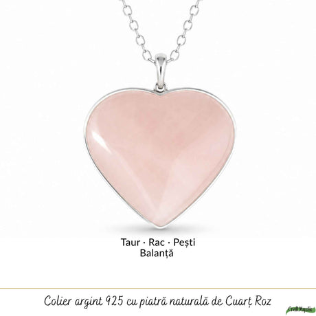 Colier Argint 925 cu Piatra Naturala de Cuart Roz Inima – Iubire si Armonie