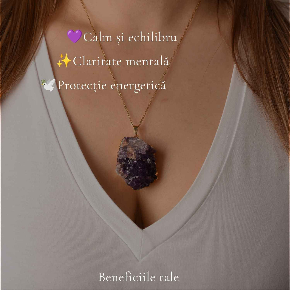 Colier cu ametist druzy natural neuniform, lant otel inoxidabil, pentru echilibru interior