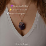 Colier cu ametist druzy natural neuniform, lant otel inoxidabil, pentru echilibru interior
