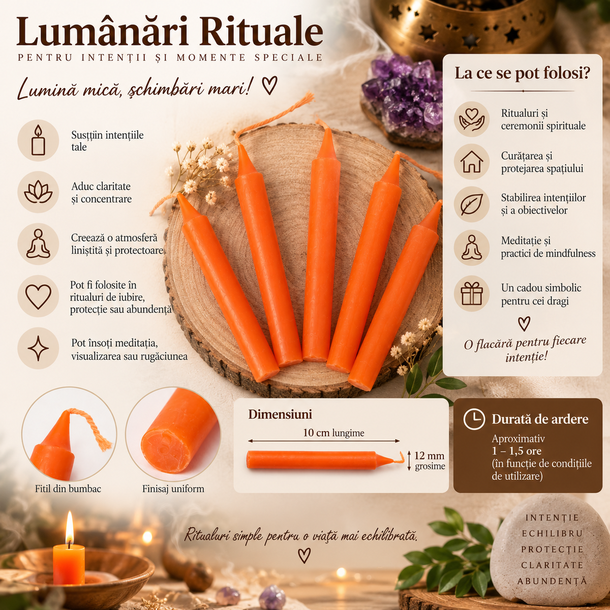 Lumânare Portocalie pentru Ritualuri și Intenții 10 cm - 1 Bucată