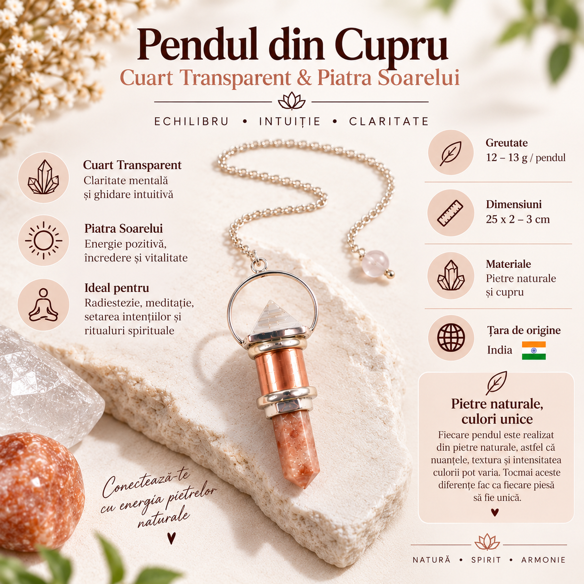 Pendul din cupru cu Cuarț Transparent și Piatra Soarelui naturală