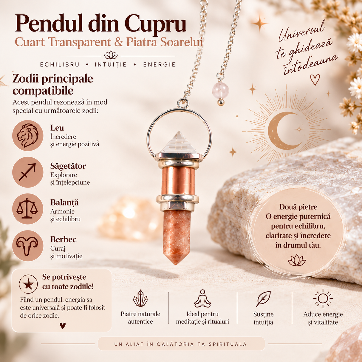 Pendul din cupru cu Cuarț Transparent și Piatra Soarelui naturală