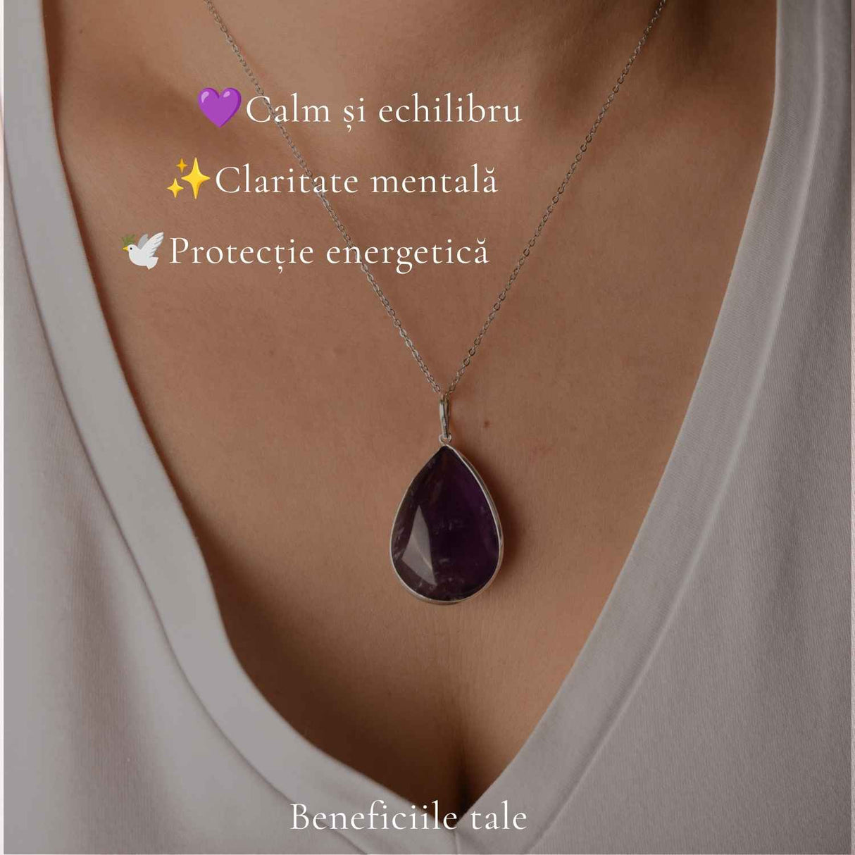 Colier Argint 925 cu Ametist Natural Lacrima – Simbol al Calmului si Echilibrului
