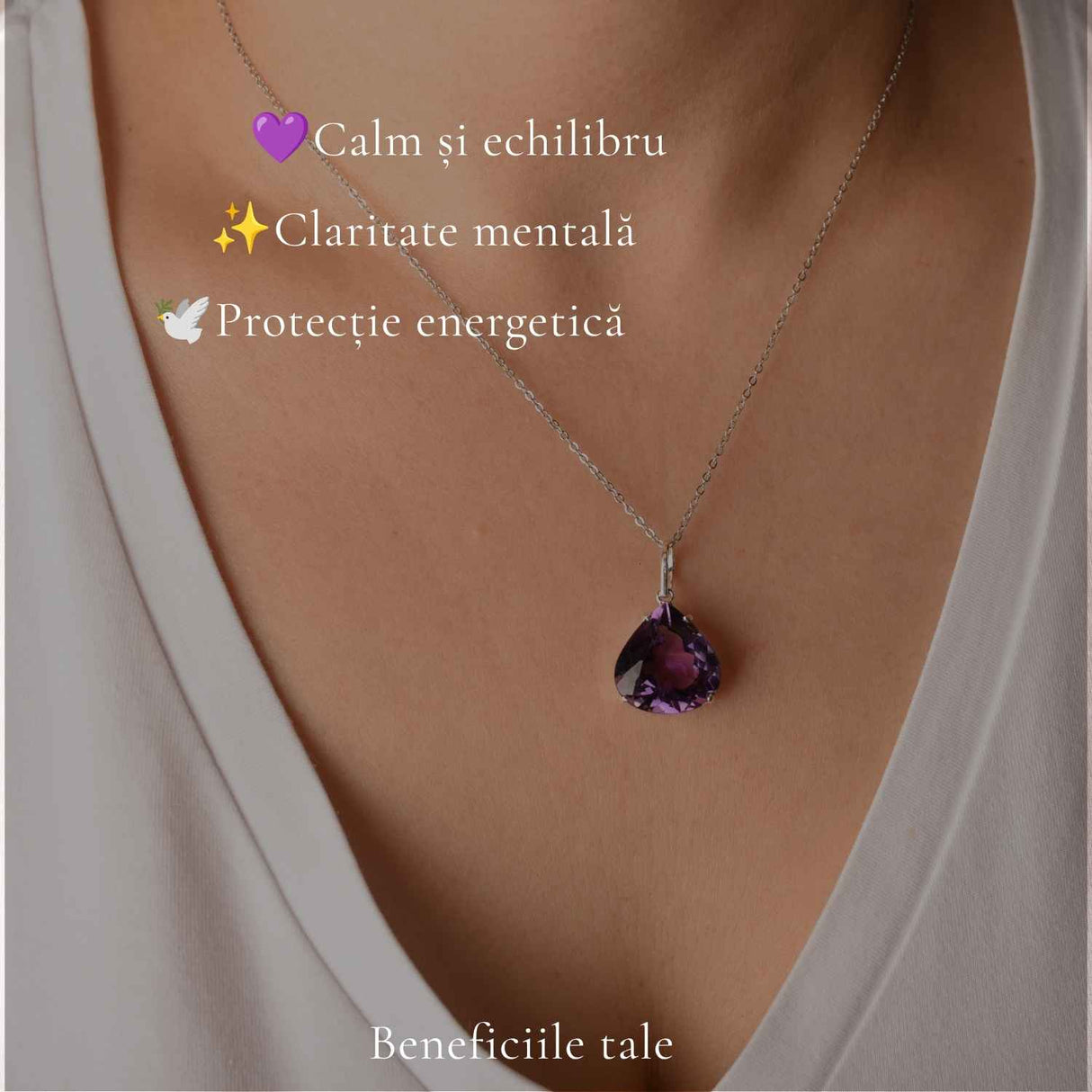 Colier Argint 925 cu Ametist Natural Lacrima fatetat – Simbol al Calmului si Claritatii