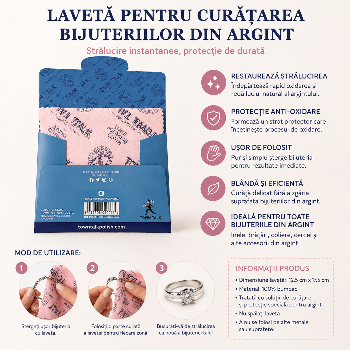 Laveta Town Talk pentru Curatarea Bijuteriilor din Argint – Lustruire si Protectie Anti-Oxidare