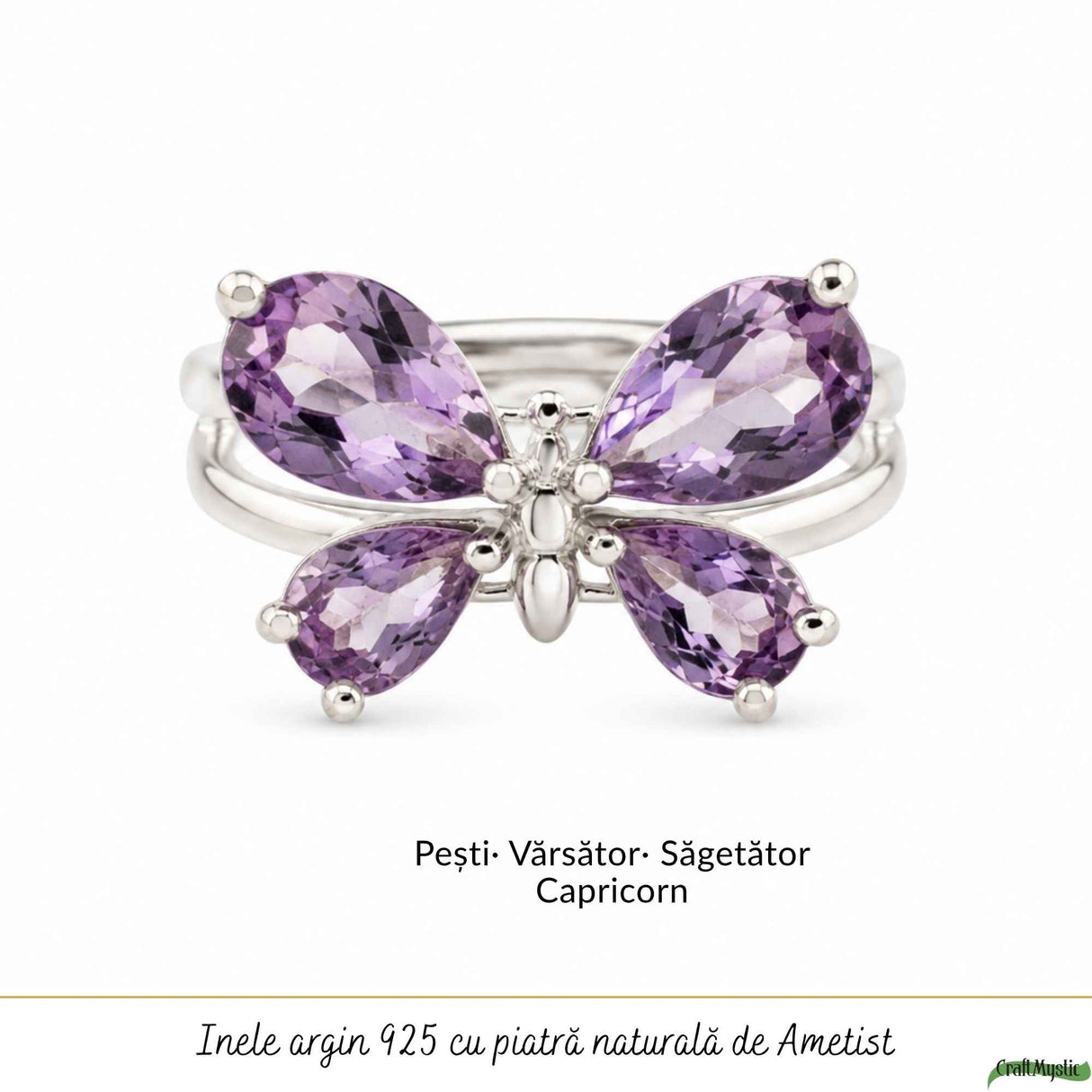 Inel Argint 925 cu Piatra Naturala de Ametist Fatetat Fluture – Claritate si Transformare