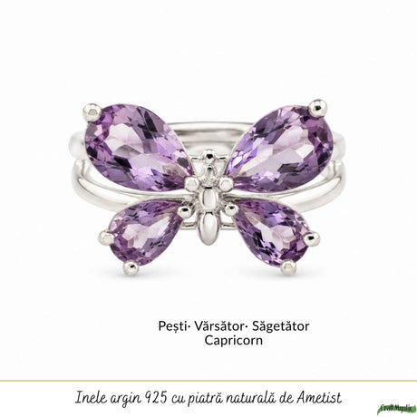 Inel Argint 925 ajustabil cu Piatra Naturala de Ametist Fatetat Fluture – Claritate si Transformare