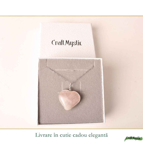 Colier Argint 925 cu Piatra Naturala de Cuart Roz Inima – Iubire si Armonie