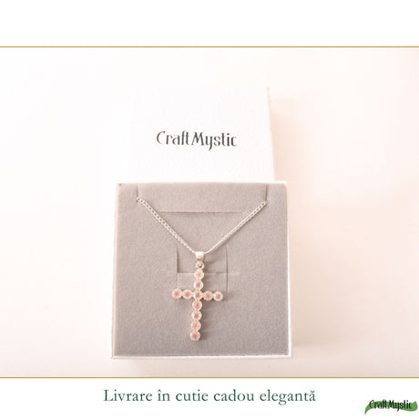 Colier cu Cuarț Roz natural fațetat, pandantiv cruce