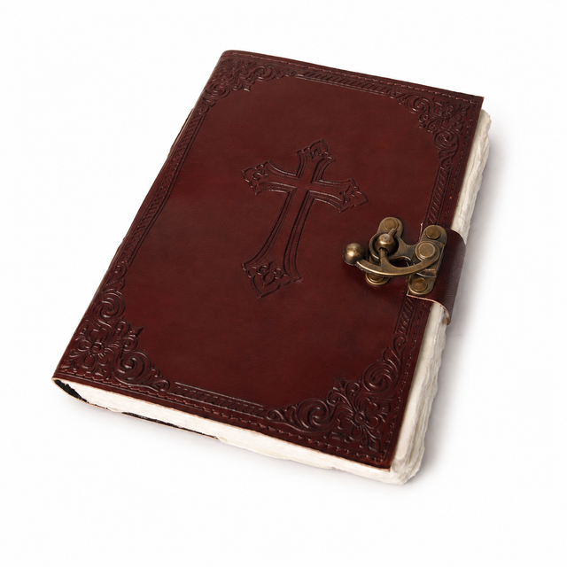 Jurnal vintage din piele naturală cu Cruce embosată pe copertă