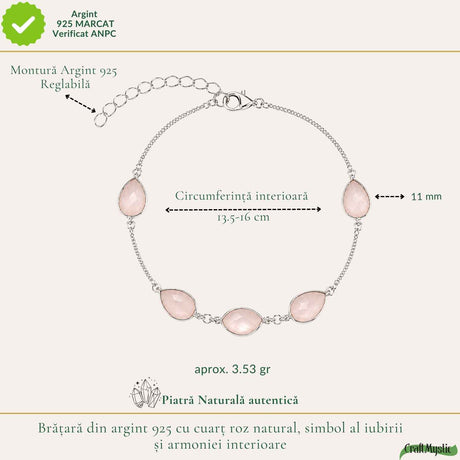 Bratara Argint 925 ajustabilă cu Cuart Roz Fatetat Lacrima – Iubire si Armonie
