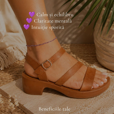 Brățară de picior cu Ametist natural, purtată pe gleznă