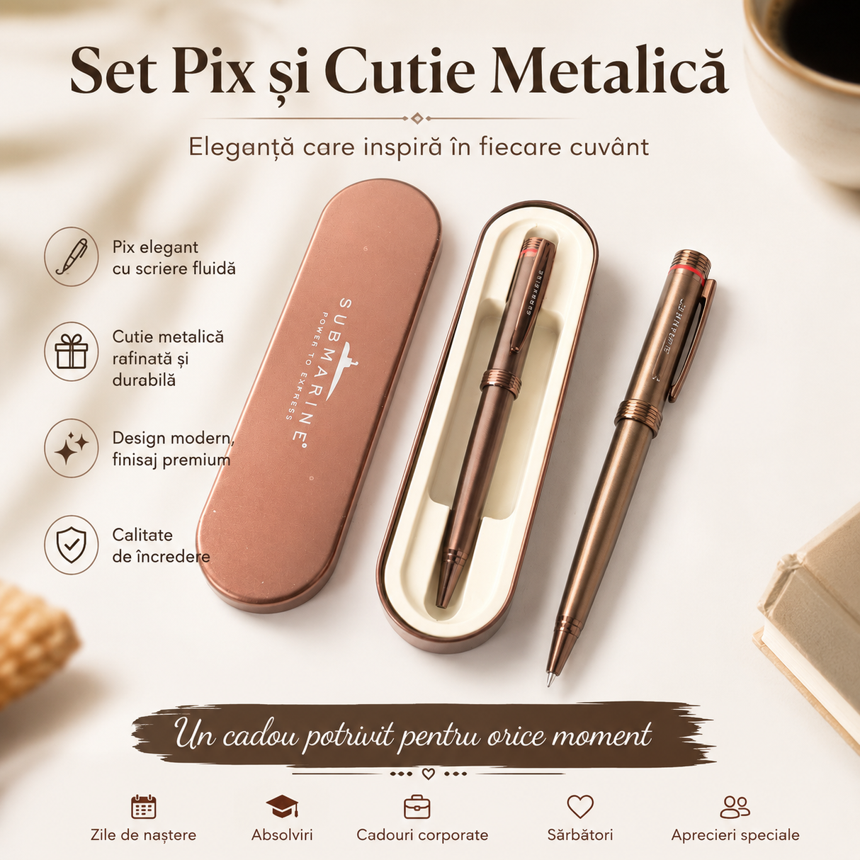 Pix metalic arămiu cu accent roșu și pastă parfumată cu cafea