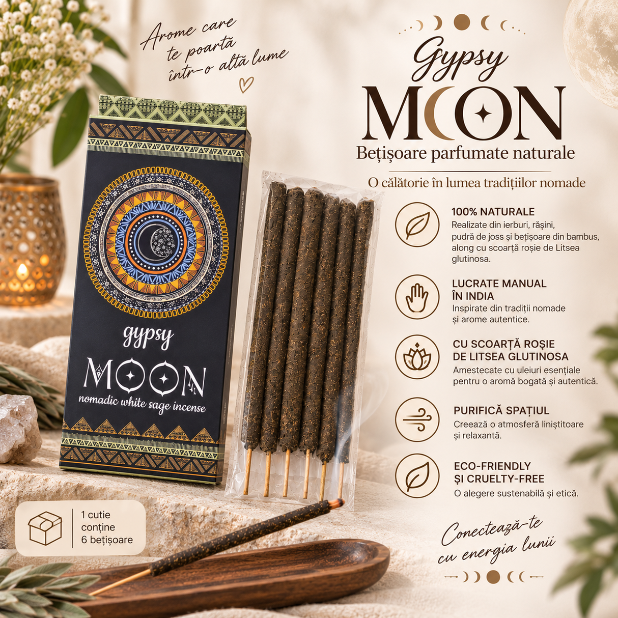 Bețișoare parfumate Gypsy MOON Salvie Albă, 6 bucăți