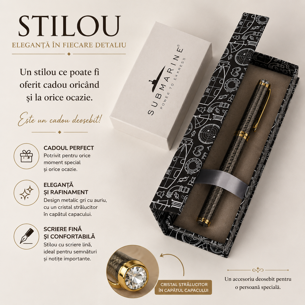 Stilou elegant gri cu auriu metalic CraftMystic