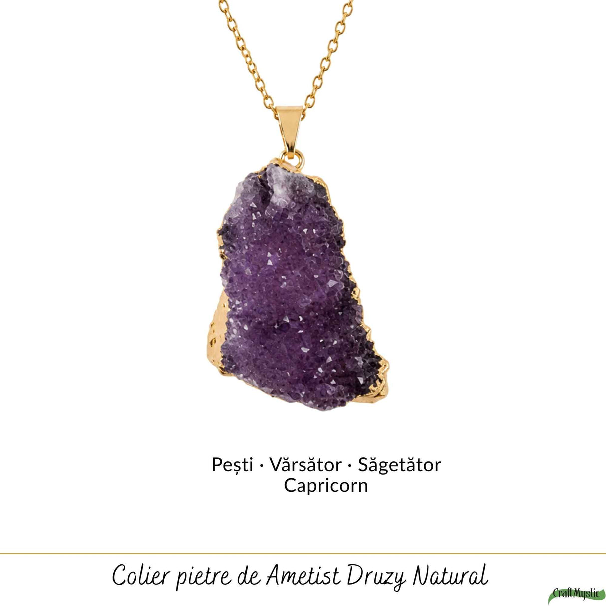 Colier cu ametist druzy natural neuniform, cristal brut pentru echilibru si intuitie