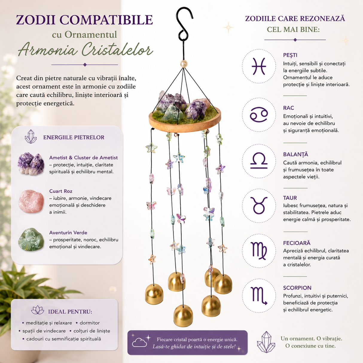 Ornament Decorativ cu Ametist, Cuart Roz și Aventurin Natural – Armonie și Energie Pozitivă
