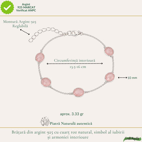 Bratara Argint 925 ajustabilă cu Cuart Roz Fatetat Oval – Iubire si Armonie