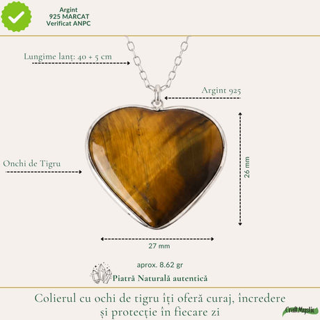 Colier Argint 925 cu Piatra Naturala Ochi de Tigru Inima – Curaj si Incredere