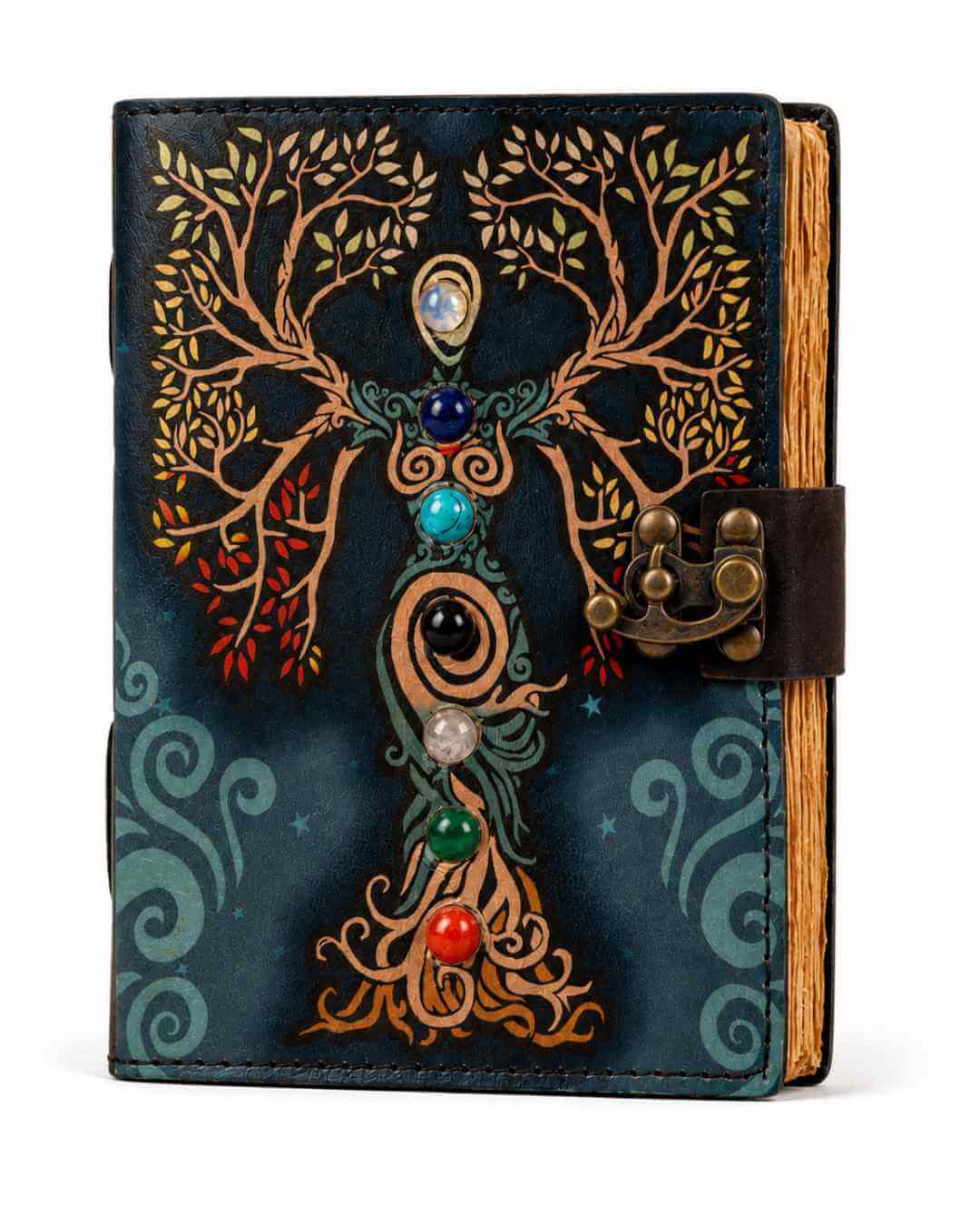 Jurnal vintage pentru magie model „Book of Shadow” cu 7 pietre pentru cele 7 chakre - Jurnal cu inchidere cu lacat, handmade din piele vintage 20x15 cm