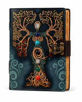 Jurnal vintage pentru magie model „Book of Shadow” cu 7 pietre pentru cele 7 chakre - Jurnal cu inchidere cu lacat, handmade din piele vintage 20x15 cm